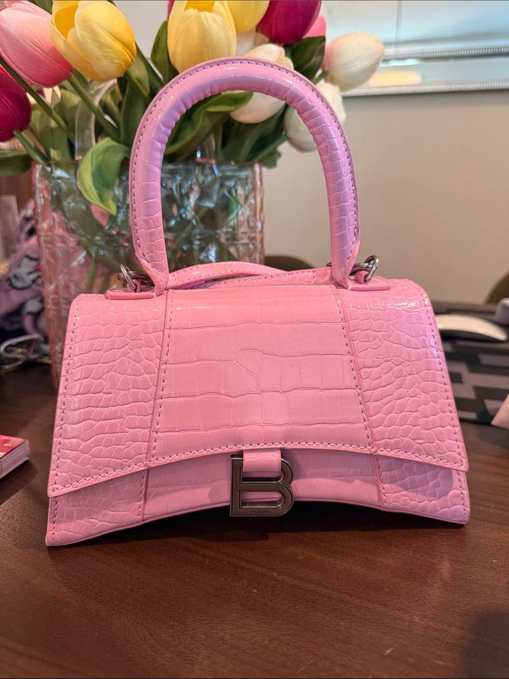 Balenciaga Pink Croc-Embossed Hourglass Mini Top Handle Bag